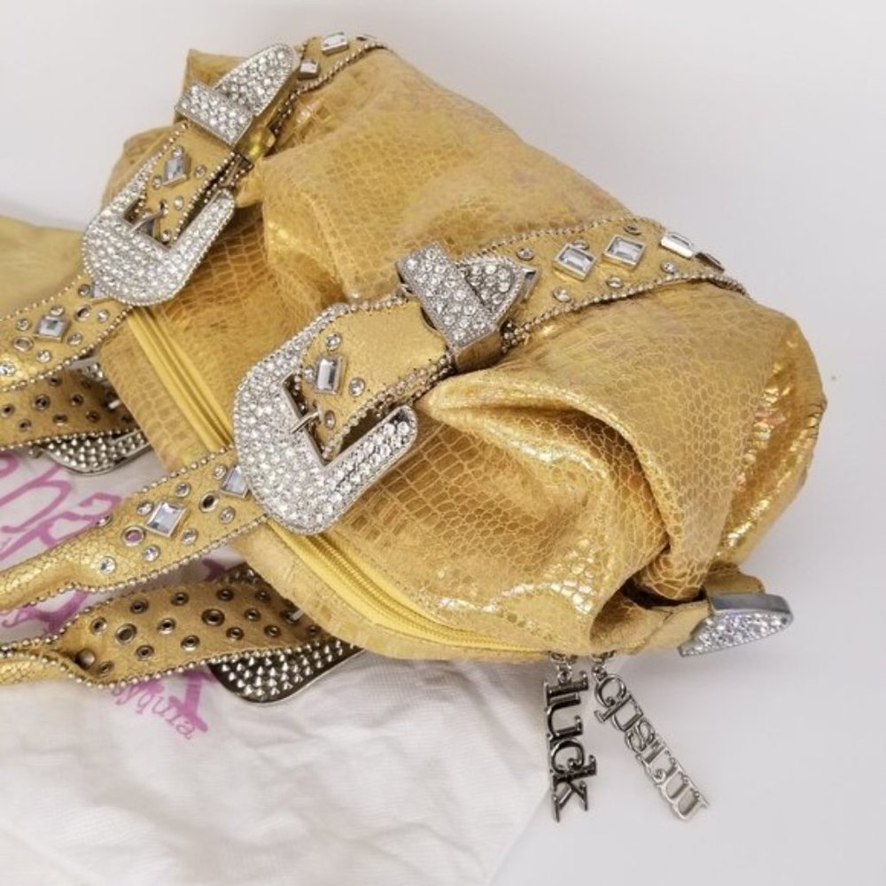 CHARM & LUCK LEATHER GOLD CRYSTAL JEWELED HANDBAG - Picture 4 of 11